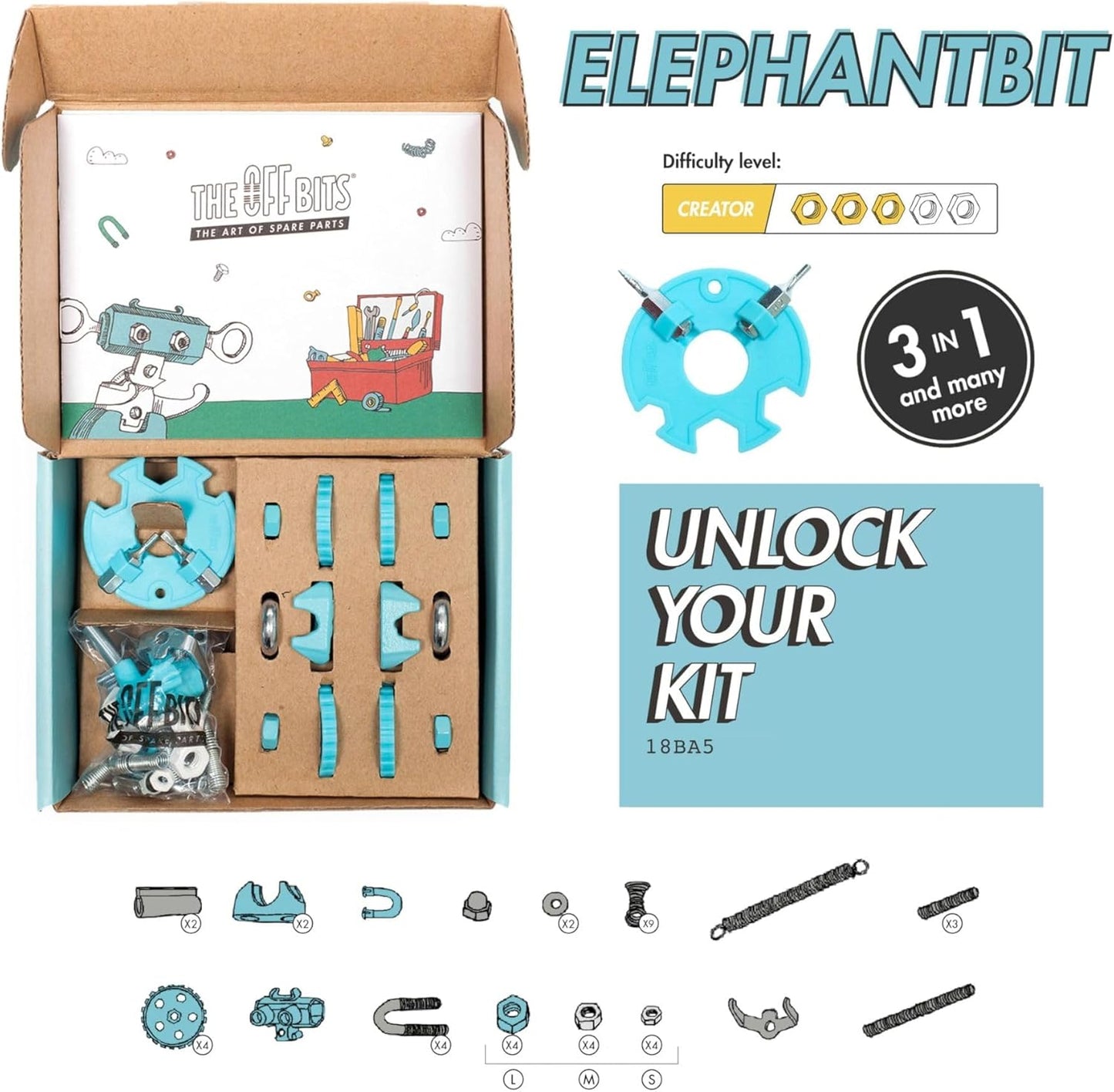The Off Bits Erector Set: Animal Mini STEM Toys for Kids 6+, Toy Building Sets with Nuts & Bolts, STEM Building Toys Gifts for Boys and Girls (Blue Elephant)