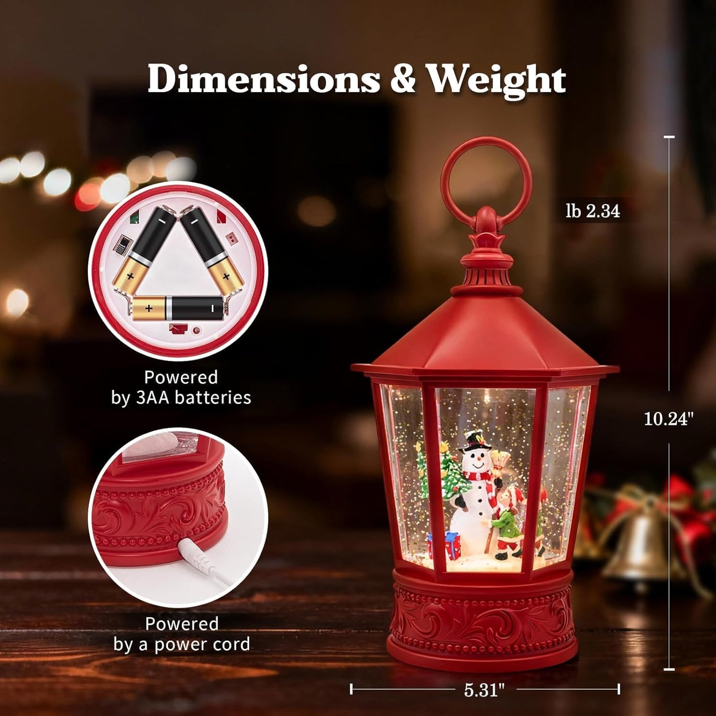 Christmas Lantern Snow Globe, Lighted Musical Snowman Lantern with Swirling Glitter, 10.5'' Christmas Snowing Lantern, USB & Battery Operated with Timer, Vintage Holiday Tabletop Decor