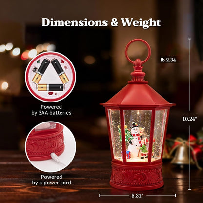 Christmas Lantern Snow Globe, Lighted Musical Snowman Lantern with Swirling Glitter, 10.5'' Christmas Snowing Lantern, USB & Battery Operated with Timer, Vintage Holiday Tabletop Decor