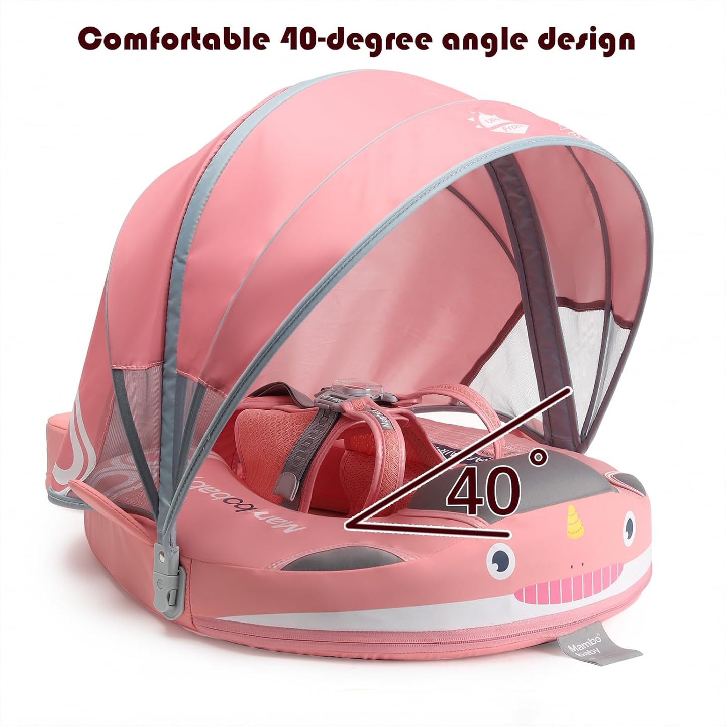 Baby Pool Float with UPF50+ 3D Adjustable Canopy, Add Tail Mambobaby Float Non Inflatable Infant Floats for Pool, Cartoon Narwhal Baby Floats (NPink with Canopy-U05NPCTLUROHML01U05)