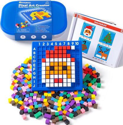 Pixel Art Creator – 400 Hard Plastic Cubes - 100 Pcs Math Linking Cubes with 384 Cartoon Stickers, STEM Toy for 5+ Year Olds, Fine Motor Skills Game & Kinder Classroom Must-Have