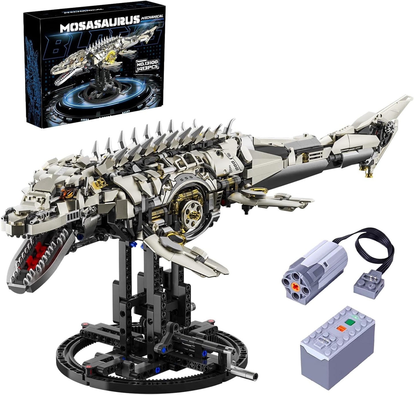Mechanical Mosasaurus Building Block Set Precision Gear System Display Stand Included STEM Building Block