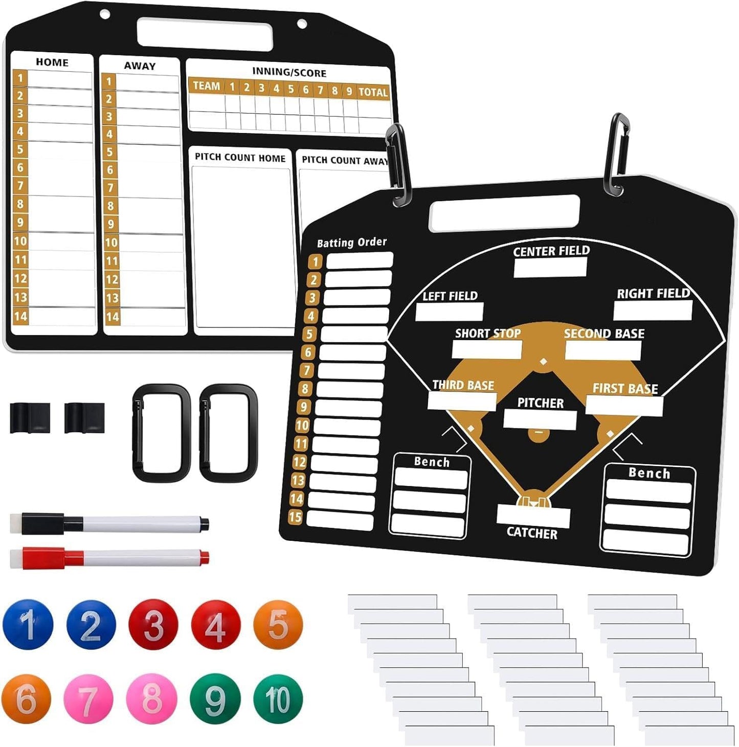 Baseball Coach Clipboard, Anglecai Double-Sided Dry Erase Baseball Lineup Board for Softball Dugout Board Baseball Coaching Board with 30 Lineup Card/ 10 Magnet/2 Marker/2 Hook (Green)