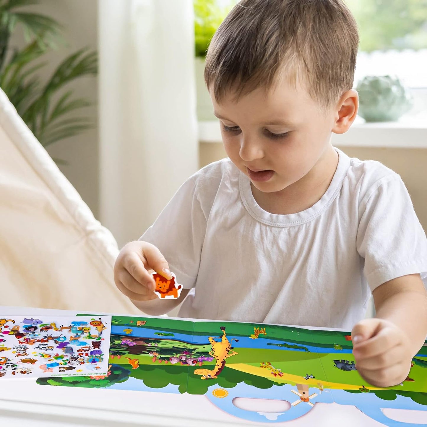 ASTARON Reusable Sticker Book for Toddlers, 88 Pcs Dinosaur Stickers Road Trip Activities Car Airplane Activities Travel Toys for Kids, Kids Quiet Time Activities (2-6 Age)