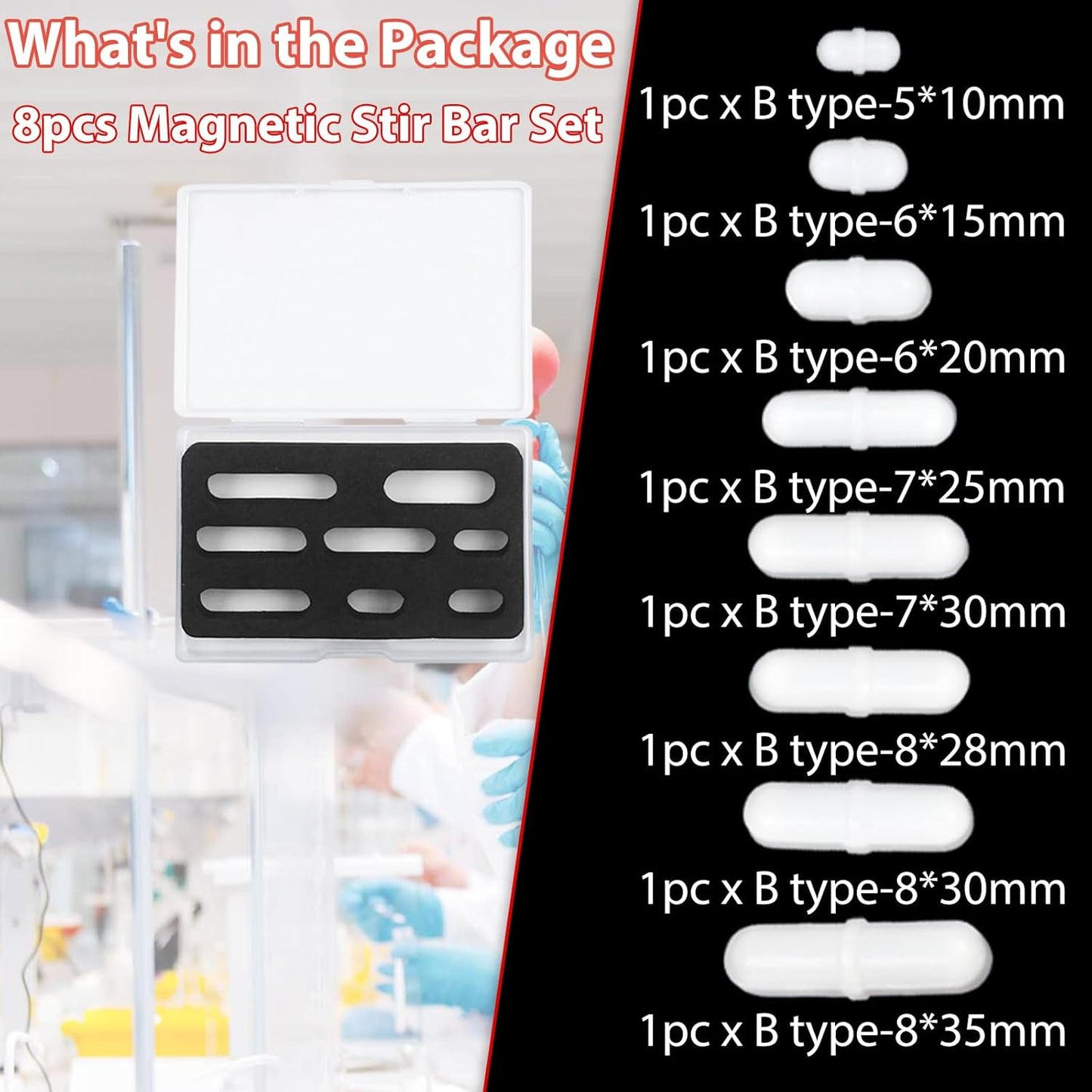 Magnetic Stir Bars with Magnetic Retriever Set, Lab Mixed Size PTFE Magnetic Stirrer Mixer Stir Bars PTFE Stiring Rod, 8x35mm, 8x30mm, 8x28mm, 7x30mm Magnetism for Laboratory Home DIY Project