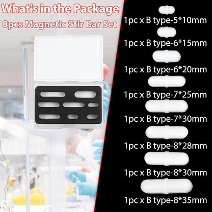 Magnetic Stir Bars with Magnetic Retriever Set, Lab Mixed Size PTFE Magnetic Stirrer Mixer Stir Bars PTFE Stiring Rod, 8x35mm, 8x30mm, 8x28mm, 7x30mm Magnetism for Laboratory Home DIY Project