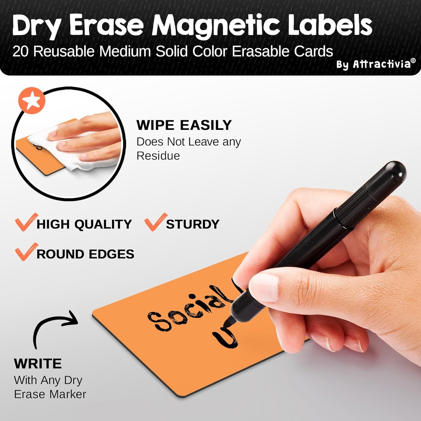 Attractivia Dry Erase Magnetic Labels 7.3 x 5.6 in, Dry Erase Magnets, 20-Pack, White Erasable Write-On All-Purpose Labels, for Office, Education, Home, Whiteboard