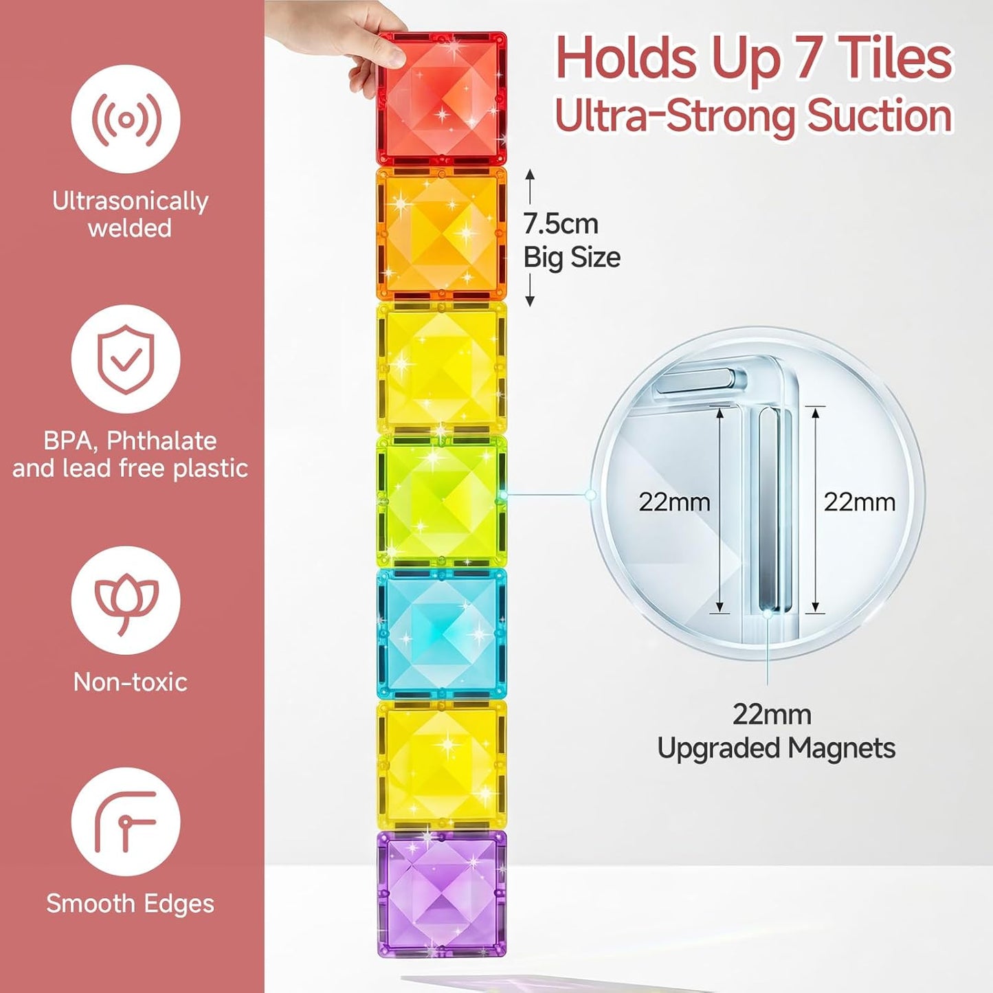 Magnetic Tiles for Kids Gift: 48 PCS Diamond Large Magnet Building Blocks in Storage Tin Box - 7.5cm Big Size 3D STEM Sensory Toy - Boys Girls Age 3-6 Birthday Party
