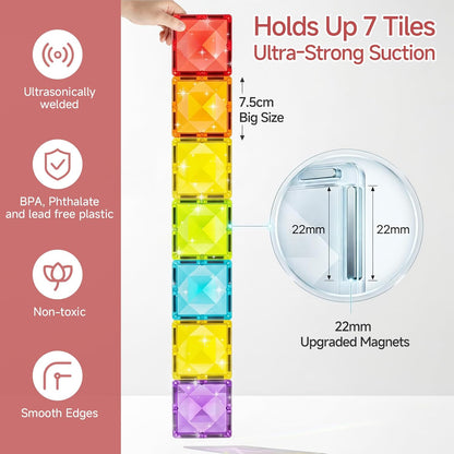 Magnetic Tiles for Kids Gift: 48 PCS Diamond Large Magnet Building Blocks in Storage Tin Box - 7.5cm Big Size 3D STEM Sensory Toy - Boys Girls Age 3-6 Birthday Party