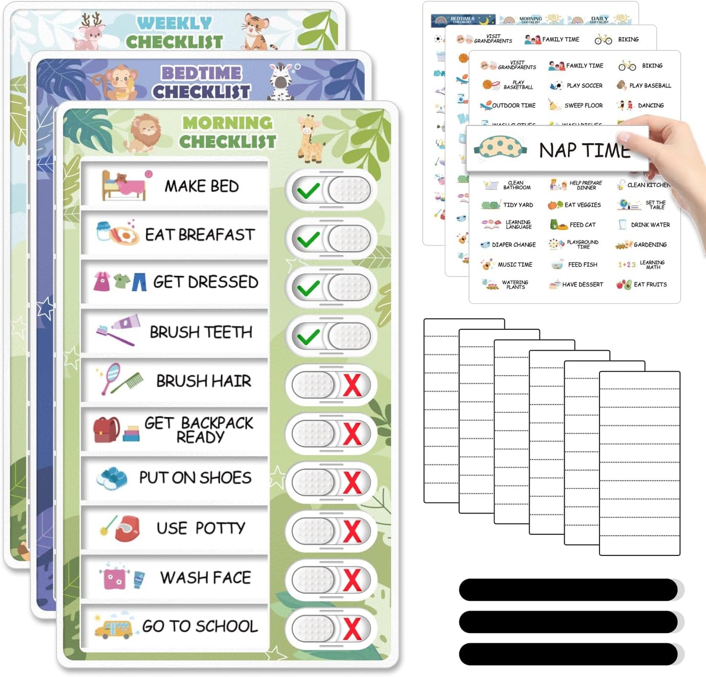 Upgraded Slider 3 in 1 Bedtime/Morning/Daily Routine Chart for Kids, Magnetic Chore Chart for Kids, Visual Schedule for Kids Toddlers Schedule Board for Home