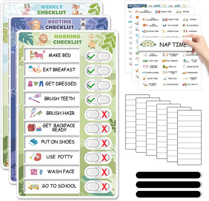 Upgraded Slider 3 in 1 Bedtime/Morning/Daily Routine Chart for Kids, Magnetic Chore Chart for Kids, Visual Schedule for Kids Toddlers Schedule Board for Home