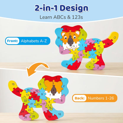 LovesTown Wooden Puzzles for Kids, Double Sided Giraffe Jigsaw with Alphabet & Numbers, Montessori Educational Toy for Toddlers, Chunky Animal Gift