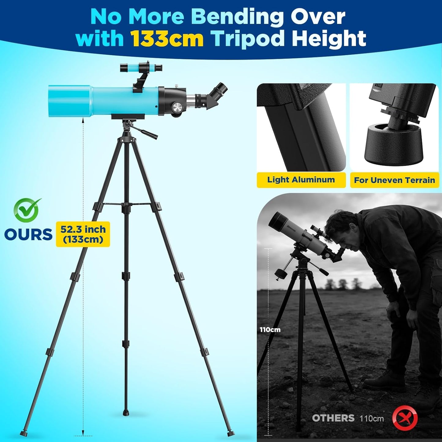 90mm Refractor Telescope for Adults & Kids 8+: 150X High Power, 500mm Focal Length, Professional Astronomical Scope with 133cm Tripod for Stargazing, Xmas Toy Gift for Beginners Boy Girls