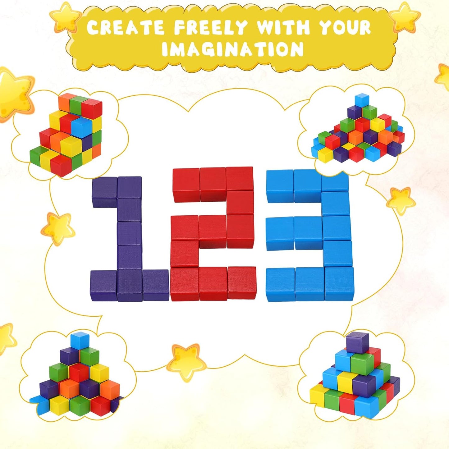 Libima 100 Pcs 1.2 Inch Wooden Building Blocks Stacking Game, Rainbow Wood Blocks Set Square Colorful Wooden Cubes Counting Large Learning Educational Toys for Math Boys Girls