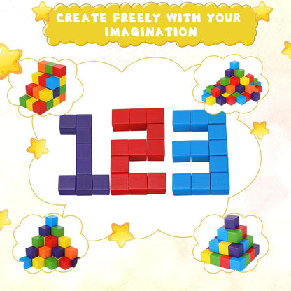 Libima 100 Pcs 1.2 Inch Wooden Building Blocks Stacking Game, Rainbow Wood Blocks Set Square Colorful Wooden Cubes Counting Large Learning Educational Toys for Math Boys Girls