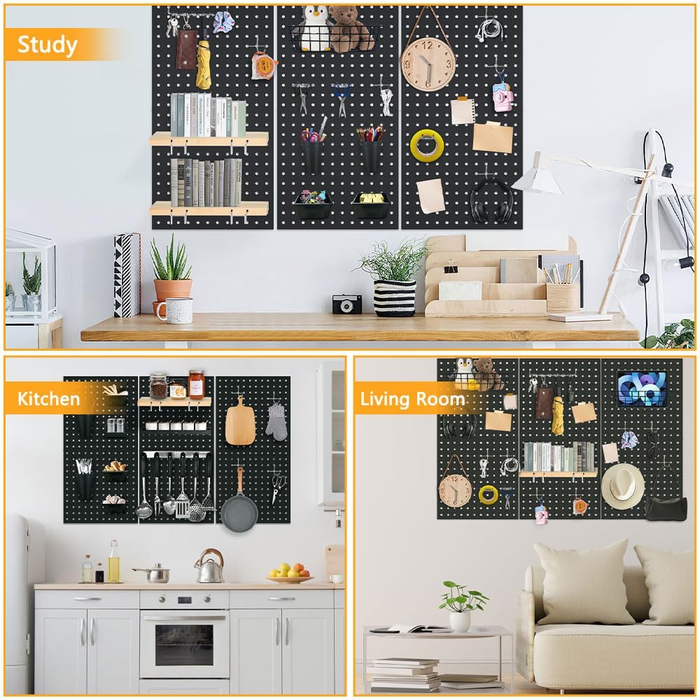 16pcs Pegboard sets, Plastic White Peg board Wall Organizer Kits,4pcs Peg Board and 12 Accessories Modular Hanging, Wall Mount Display Pegboard Panel Sets for Home Office Garage Kitchen Workshop