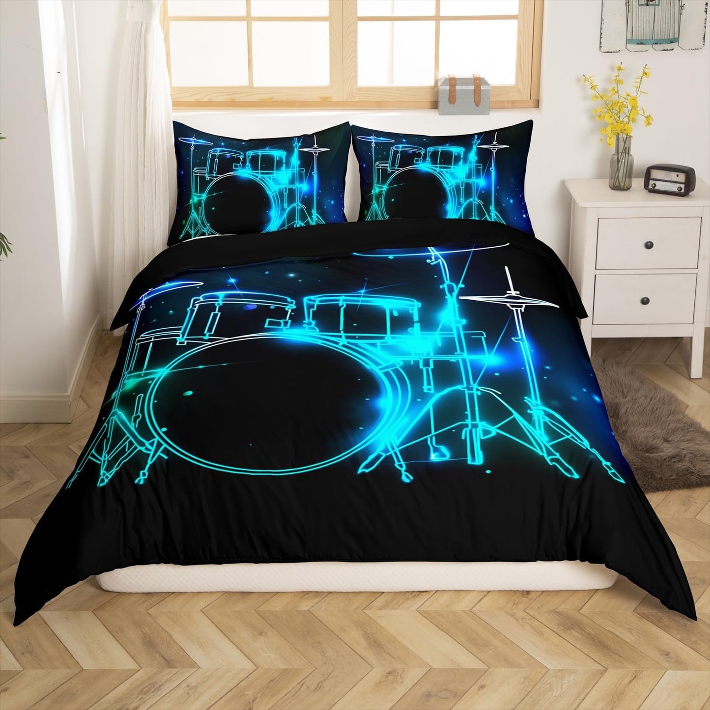 Drum Kit Comforter Cover Abstract Musical Instruments Bedding Set for Kids Boys Teens,Pop Music Duvet Cover Modern Rock Quilt Cover, Teal Laser Light Bedroom Decor Twin Size Blue Green Black