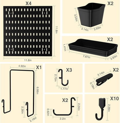 Wall Mount Pegboard Kit - 4 Panels & Accessories, Heavy Duty Modular Organizer for Home, Office, Craft Room & Kids Storage, Space-Saving 11.8"×11.8" DIY Tool Board‌