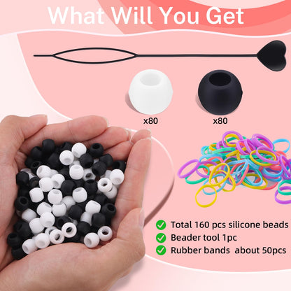 150Pcs 10mm Small Silicone Beads for Hair Braids, Soft Jellyish Pony Hair Beads with 5mm Hole + 50 Rubber Bands and 1 Beader for Braiding, DIY Bracelets Necklaces Crafts (Pink)