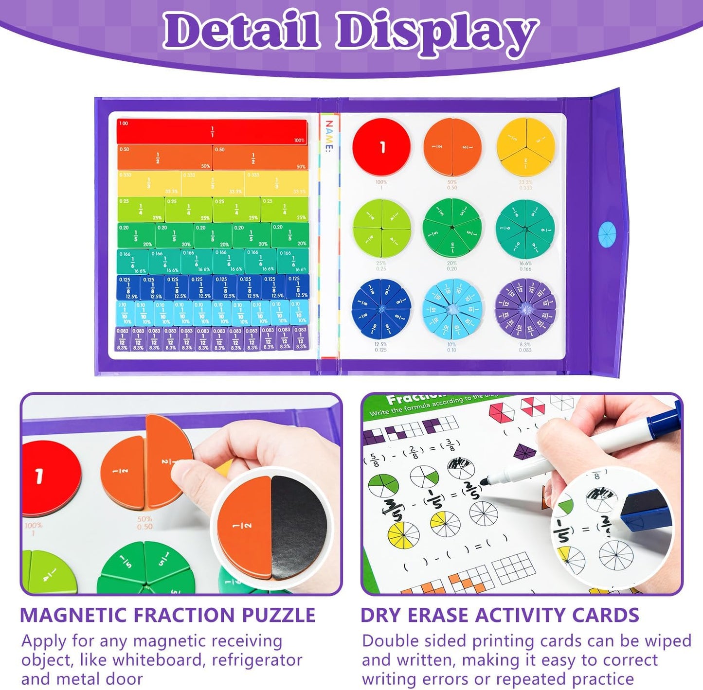 Magnetic Fraction Educational Puzzle STEM Toys Fraction Tiles and Fraction Circles Book Fraction Manipulatives for Elementary School Math Learning Toys Birthday for Kids
