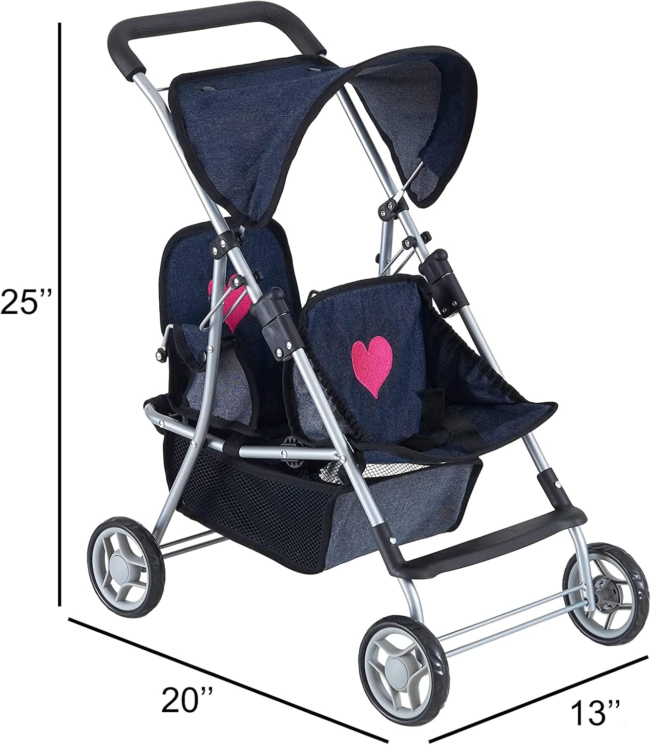 The New York Doll Collection First Twin Stroller - Cutest Heart Design Baby Strollers Great Toy Gift for Toddlers and Girls (Denim) Blue,pink
