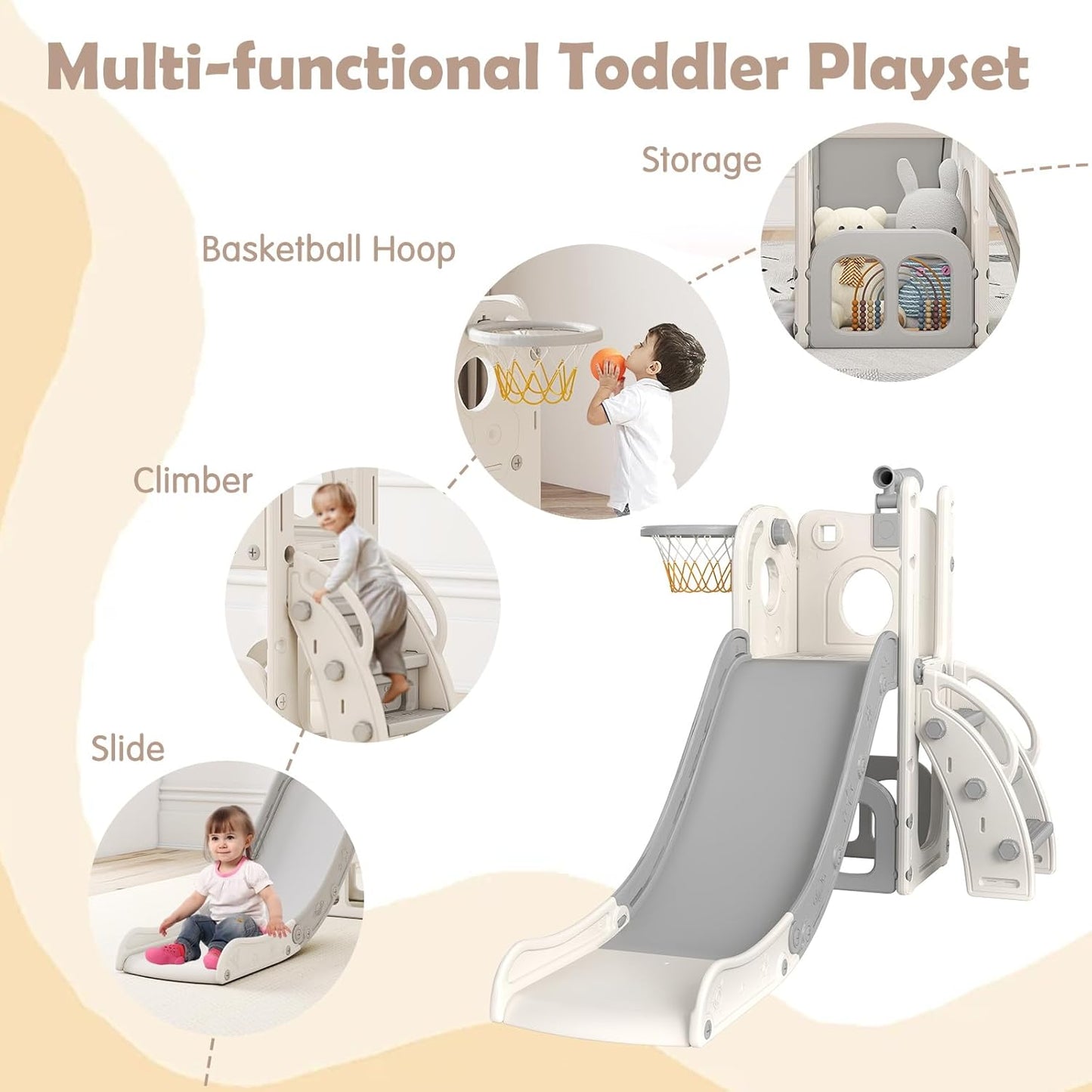 kinbor 6 in 1 Toddler Slide PlaySet - Indoor Outdoor Fun for Kids Ages 1-3, Includes Basketball Hoop, Telescope, Storage & Climber, Safe, Sturdy Baby Slide for Backyard Playground, Blue