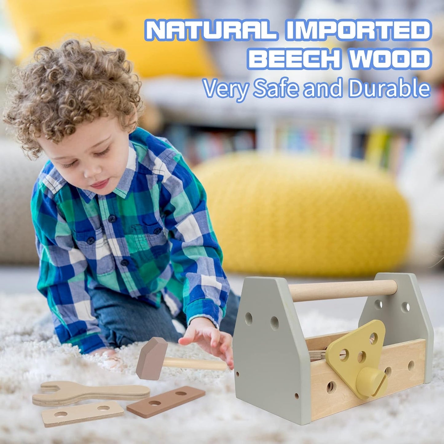 Montessori Wooden Tools Kit Toddler Educational Construction Kids Toys Sets Play Box Preschool Play Tool Wooden Construction Toy（Yellow）