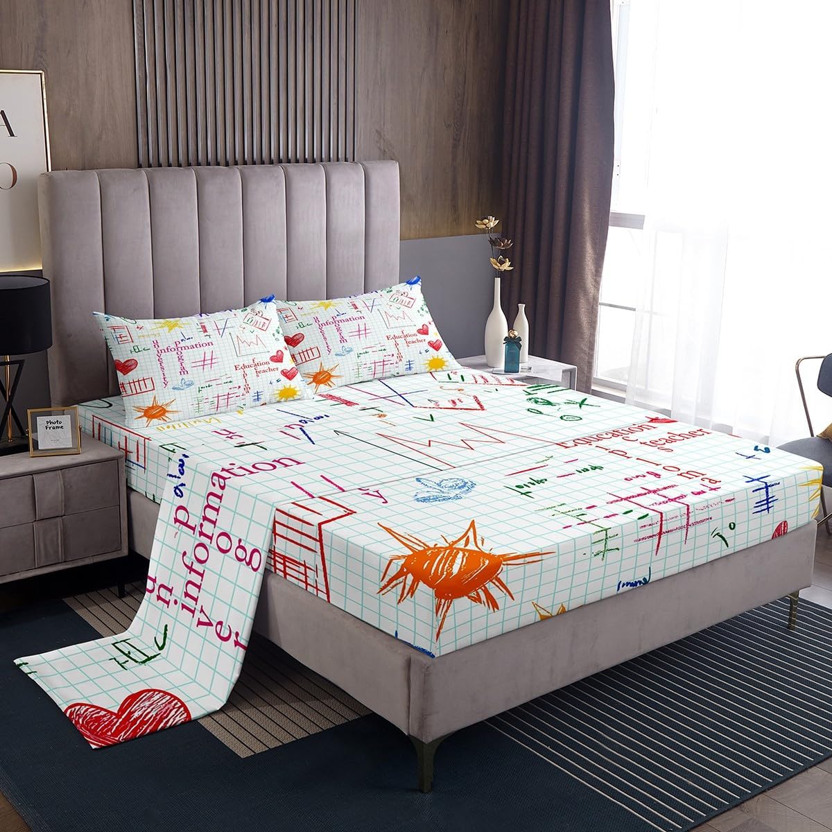 Erosebridal Science Theme Bed Sheets Set Full Size for Boys Girls Chemistry Periodic Table Print Sheet Set Chemical Subject Theme Sheets Teens Kids Math Science Atyle Fitted Sheet 4 Pcs