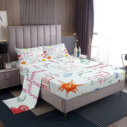 Erosebridal Science Theme Bed Sheets Set Full Size for Boys Girls Chemistry Periodic Table Print Sheet Set Chemical Subject Theme Sheets Teens Kids Math Science Atyle Fitted Sheet 4 Pcs