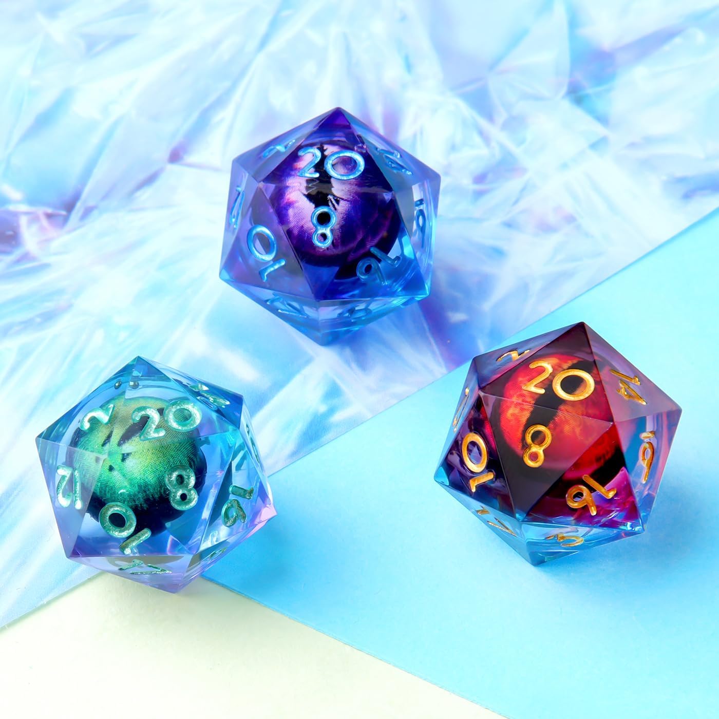 YEMEKO Beholder'S Eye D20 Dice Dragon Eye DND 22MM Single with Resin Sharp Edge 20 Sided D&D Handmade Polyhedral for Dungeons and Dragons, RPG, Roleplaying Games MTG Table Games(Blue Gold)