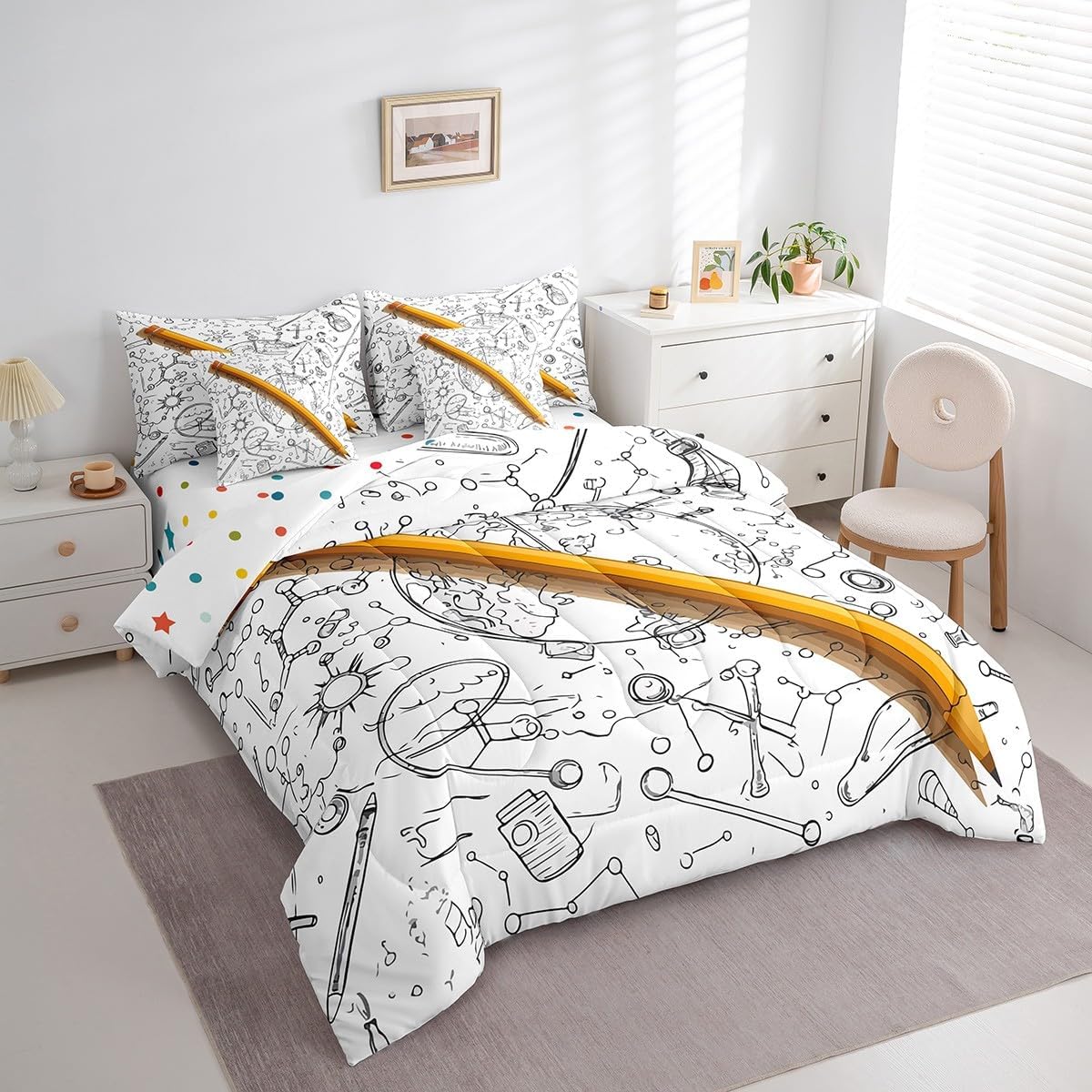 Erosebridal Chemical Equation Bed in a Bag Queen Comforter Set 7 Piece,Chemistry Bedding Sets Science Students Learning Gift Sheet Set with Comforter,Molecular Formula Education Bed Set - Colors A
