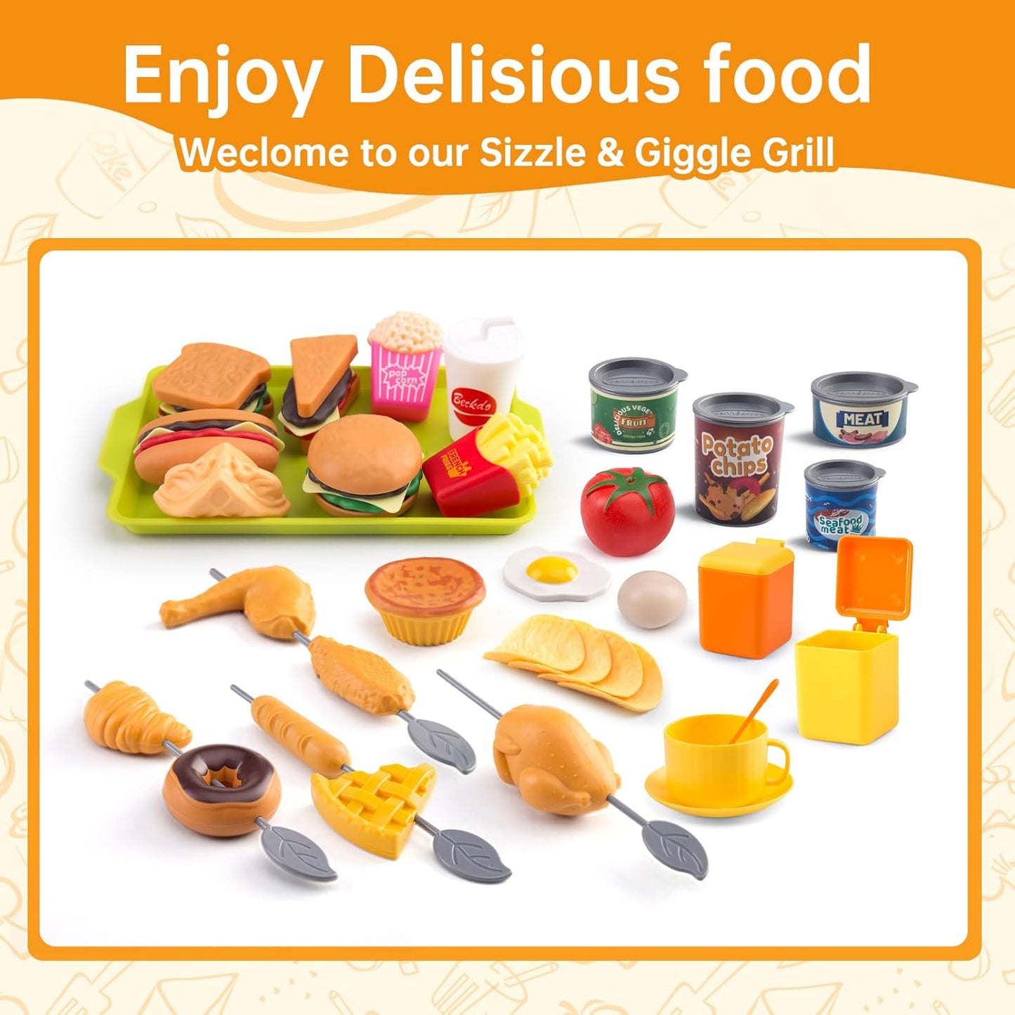 60Pcs Kids Mini Play Kitchen Accessories, Pretend Cooking Play Set with Cookware, Tableware & Fruit & BBQ Sets, Learning Gift for Boys, Girls, Toddlers,Yellow