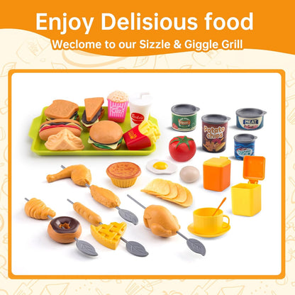 60Pcs Kids Mini Play Kitchen Accessories, Pretend Cooking Play Set with Cookware, Tableware & Fruit & BBQ Sets, Learning Gift for Boys, Girls, Toddlers,Yellow