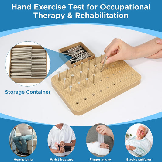 36-Hole Wooden Pegboard for Occupational Therapy, Hand Therapy Peg Board with 3 Sizes of Round Iron Pegs to Improve Finger Dexterity, Fine Motor Coordination & Sensory Rehabilitation