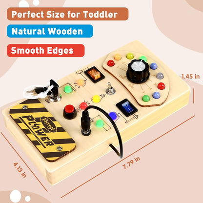 Joyreal Busy Board with 19 LED Lights and 10 Switches, Montessori Toys for 1 2 3 Year Old, Wooden Sensory Activity Board for Toddlers, Travel Toys for Toddler 1-3 Plane Car, Birthday Gifts for Girls