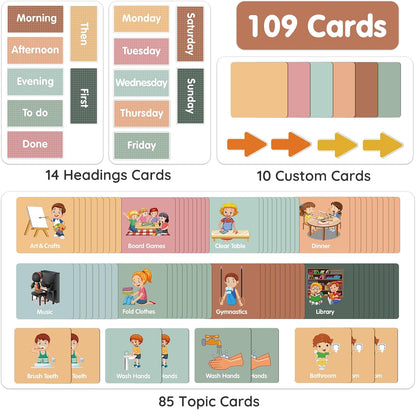 Godery Large Visual Schedule for Kids Chore Reward Chart,Bedtime Routine Chart for Toddlers,Double Side Weekly Planner Board with 109 Cards for Home School Planner,Autism Learning Materials.
