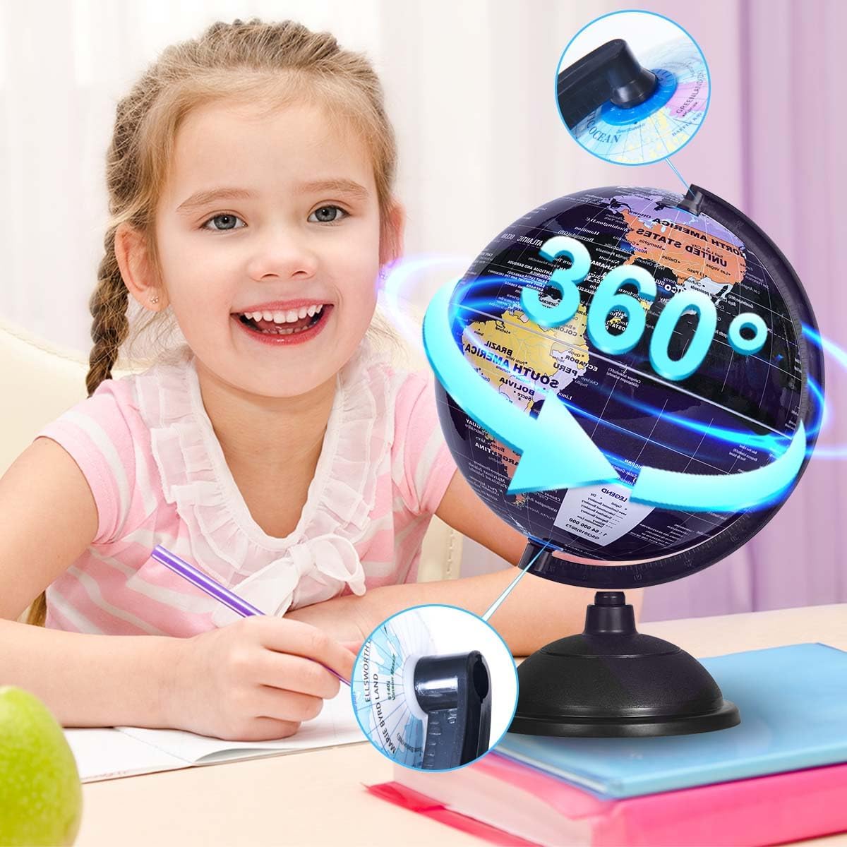KISEER 8 Inch World Globe with Stand Rotating Earth Spinning Globe for Kids Geography Classroom Education or Decorations (Blue)