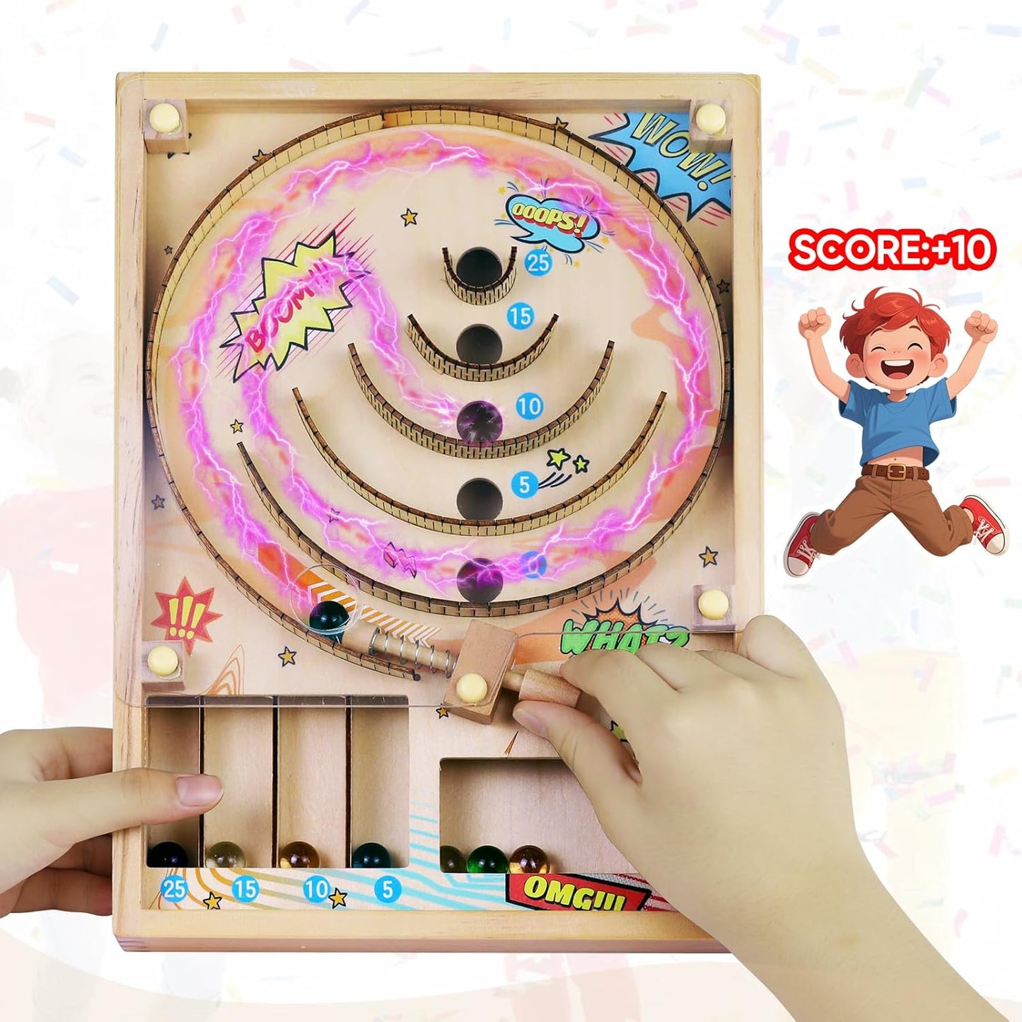 Wooden Pinball Toy,Marble Pinball Machine,Rotating Track 10 Pinball Scoring Game Set for Kids 8-12 and Adults Shooting Games for Office Stress Relief