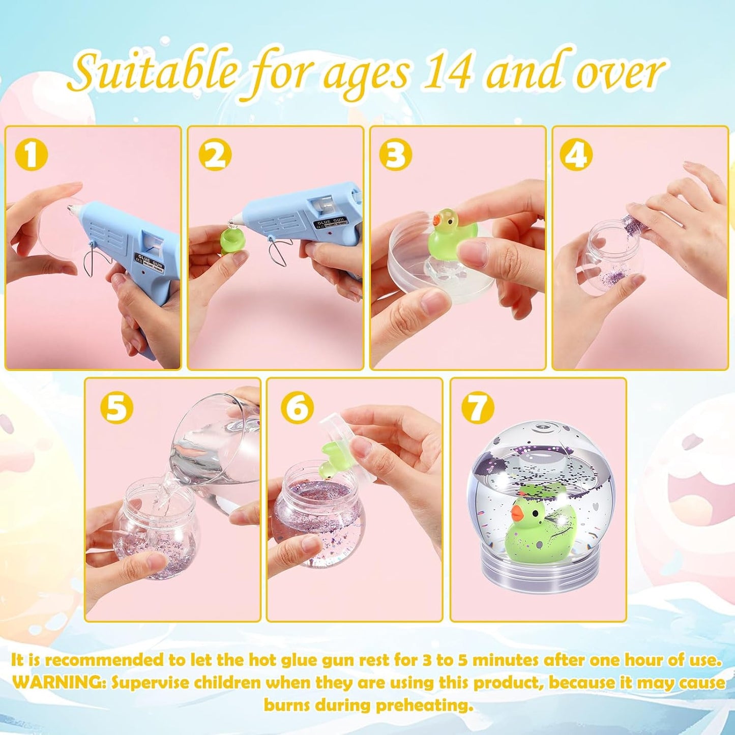 12 Sets DIY Duck Snow Globe Kit for Kids, 12 Globe Bottles, Glow in The Dark Duck Figurines, Glitter Sequins & Mini Hot Glue Gun, Summer Fun Craft Activity Set, Birthday Party Favor Gift