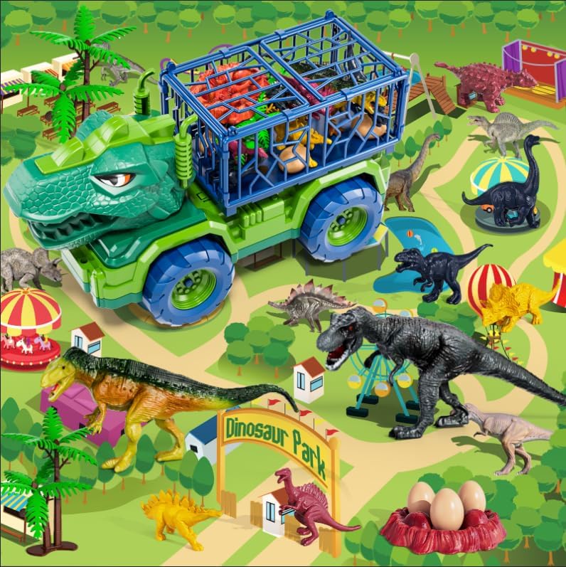 Dinosaur Truck for Kids 2-4, Dinosaur Action Figure Toys for Toddler 3-5 with 8 Dinosaur Figures, Play Mat, Egg, Tree, T-Rex Transport Car Carrier Birthday Gifts Toys for Boys 2 3 4 5 6 Year Old