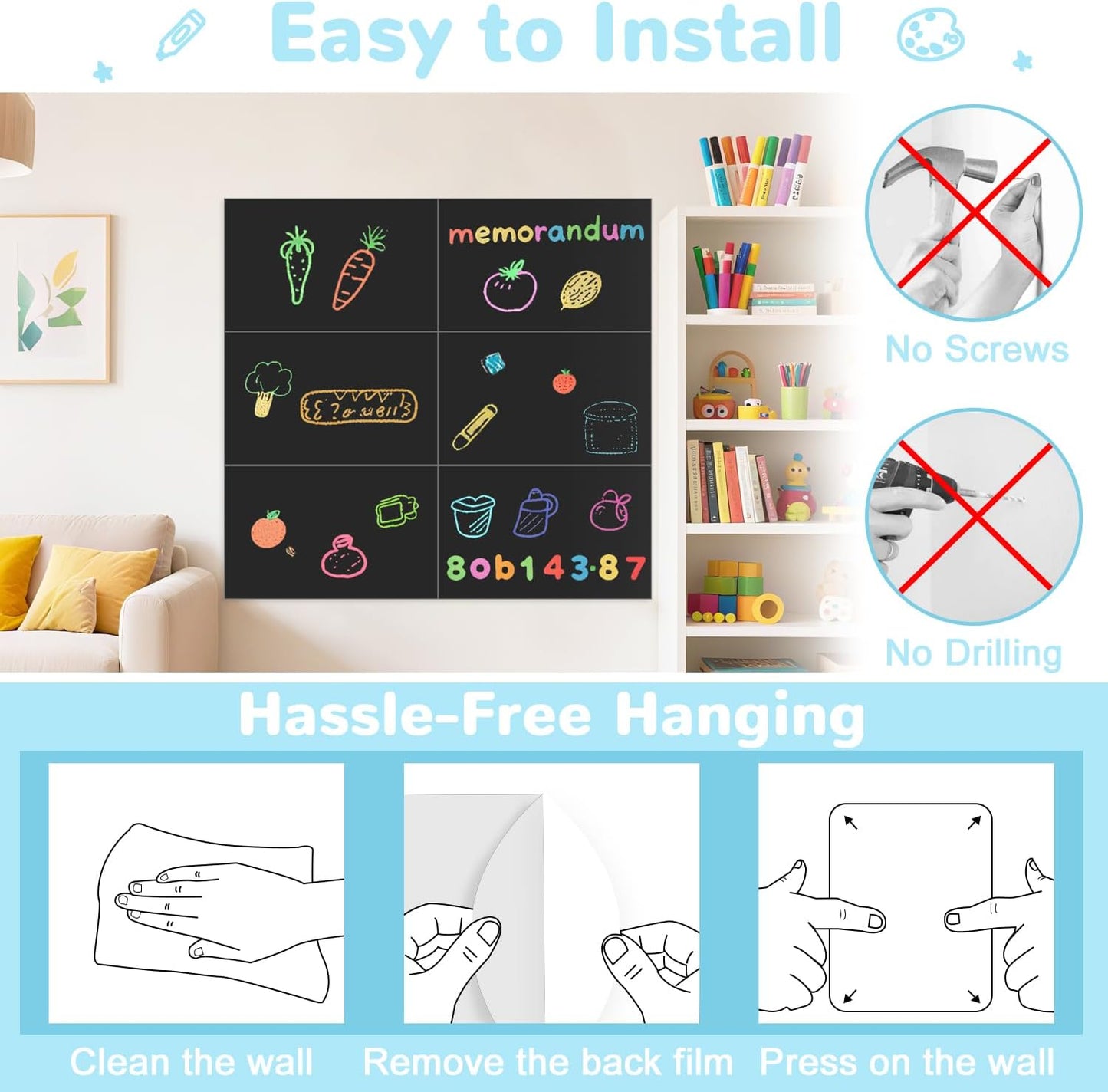 Magnetic Decal Wall for Kids Set of 6 Milk Tea Magnetic Chalkboard for Wall Peel and Stick Magnet Sheets with Chalk Tangram Puzzle and Multiple Accessories Magnetic Wall Decal for Playroom Home