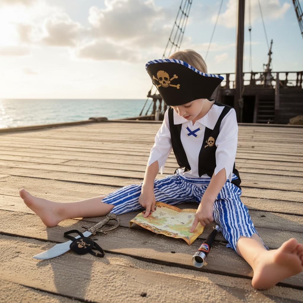 Wizland Kids Pirate Costume, 7Pcs Boys Pirate Outfit with Telescope, Treasure Map Eyepatch, Cutlass