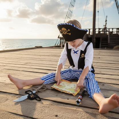 Wizland Kids Pirate Costume, 7Pcs Boys Pirate Outfit with Telescope, Treasure Map Eyepatch, Cutlass