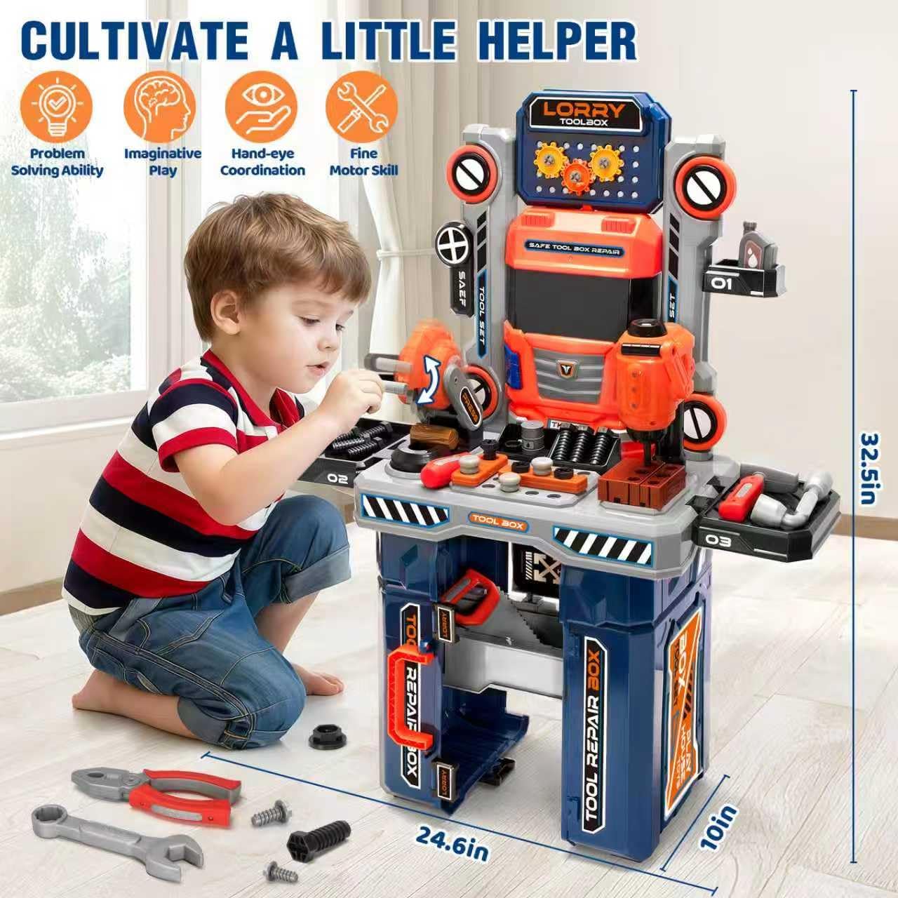 Kids Tool Bench with Electric Drill and Chair, Christmas Birthday Gift for Boys Girls Age 3,4,5+ Fun Play Kids Workbench, Transformable Toddler Tool Box Set, Construction Tool Toys for Toddler 3-5