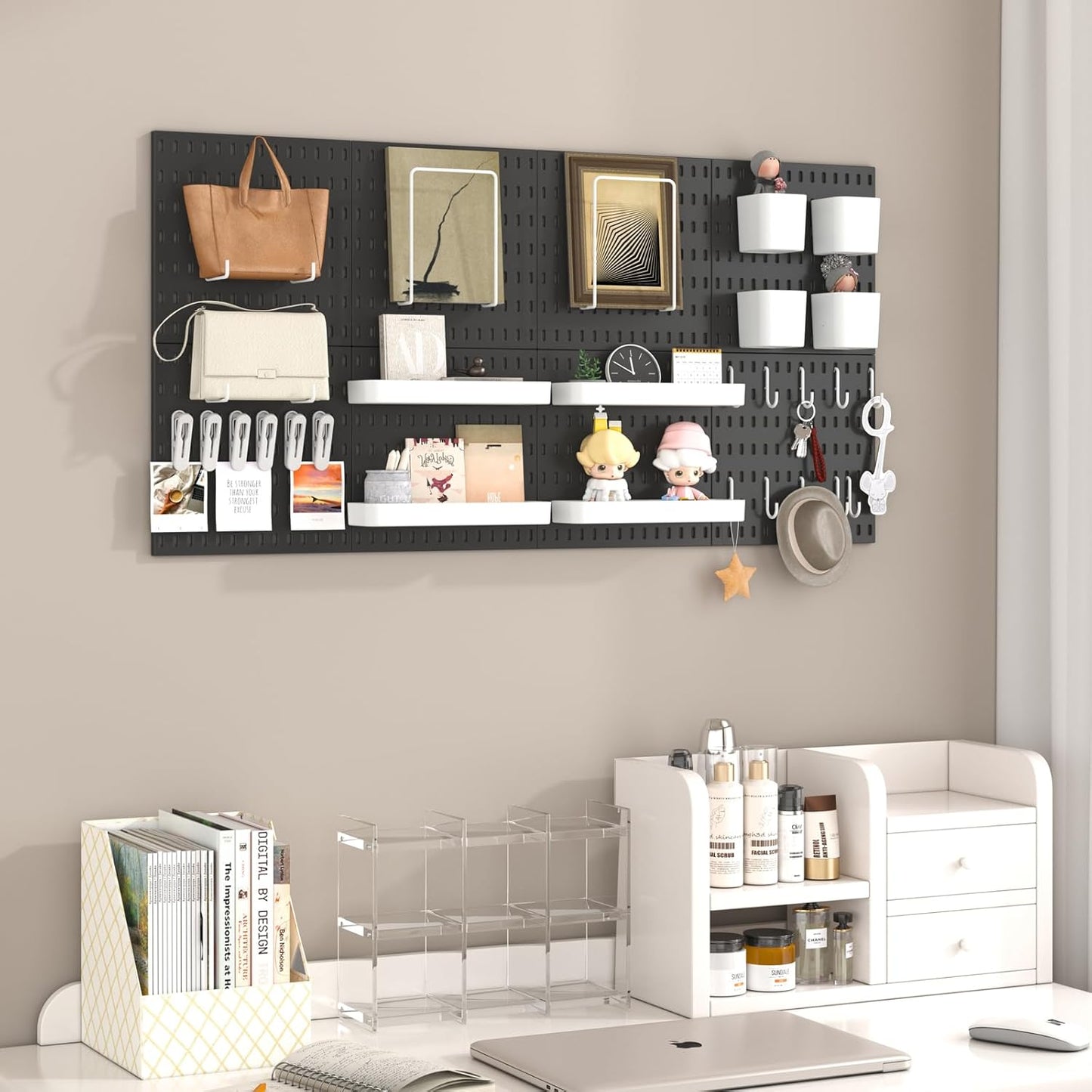 Pegboard Combination Kit, 8 Peg Boards and 30 Accessories Modular Hanging Black Pegboard for Walls, Office Wall Organizer, Keys Holder on Wall, Nursery Storage, 44"x22" Black