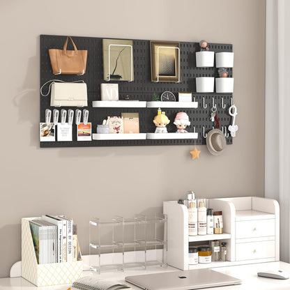 Pegboard Combination Kit, 8 Peg Boards and 30 Accessories Modular Hanging Black Pegboard for Walls, Office Wall Organizer, Keys Holder on Wall, Nursery Storage, 44"x22" Black
