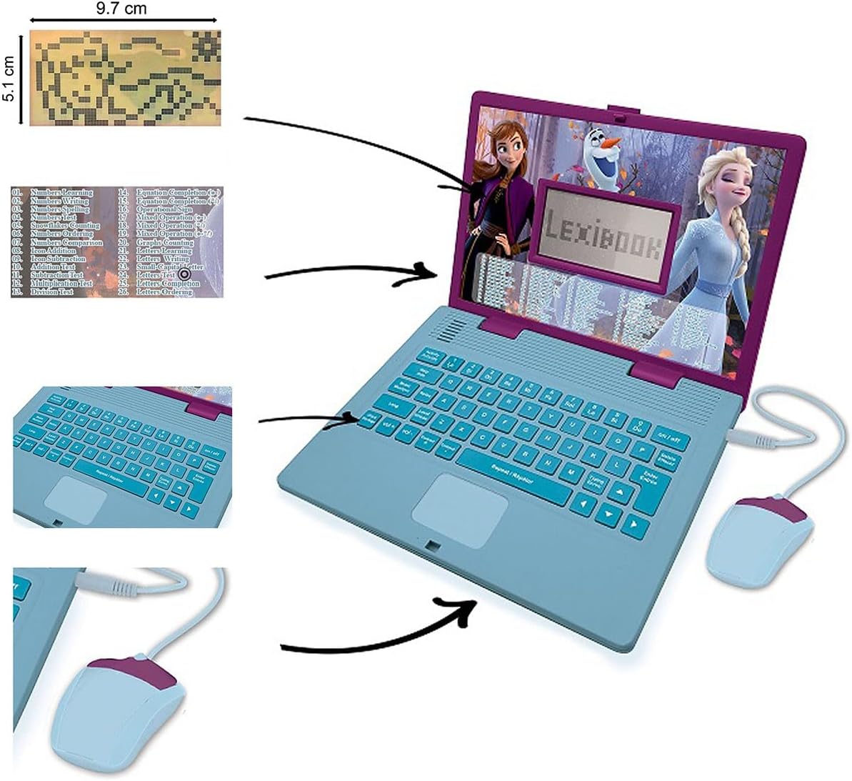 LEXiBOOK Disney Frozen 2 - Educational and Bilingual Laptop Spanish/English - Girls Toy with 124 Activities to Learn, Play Games and Music with Elsa & Anna - Blue/Purple, JC598FZi2