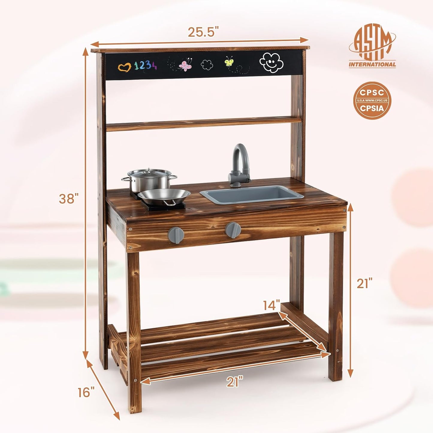 KOTEK Mud Kitchen with Canopy, Outdoor Play Kitchen with Removable Sink, Chalkboard, 4 Stoves, Cooking Accessories & Storage Cabinet, Wooden Toy Kitchen Playset for Kids Age 3+