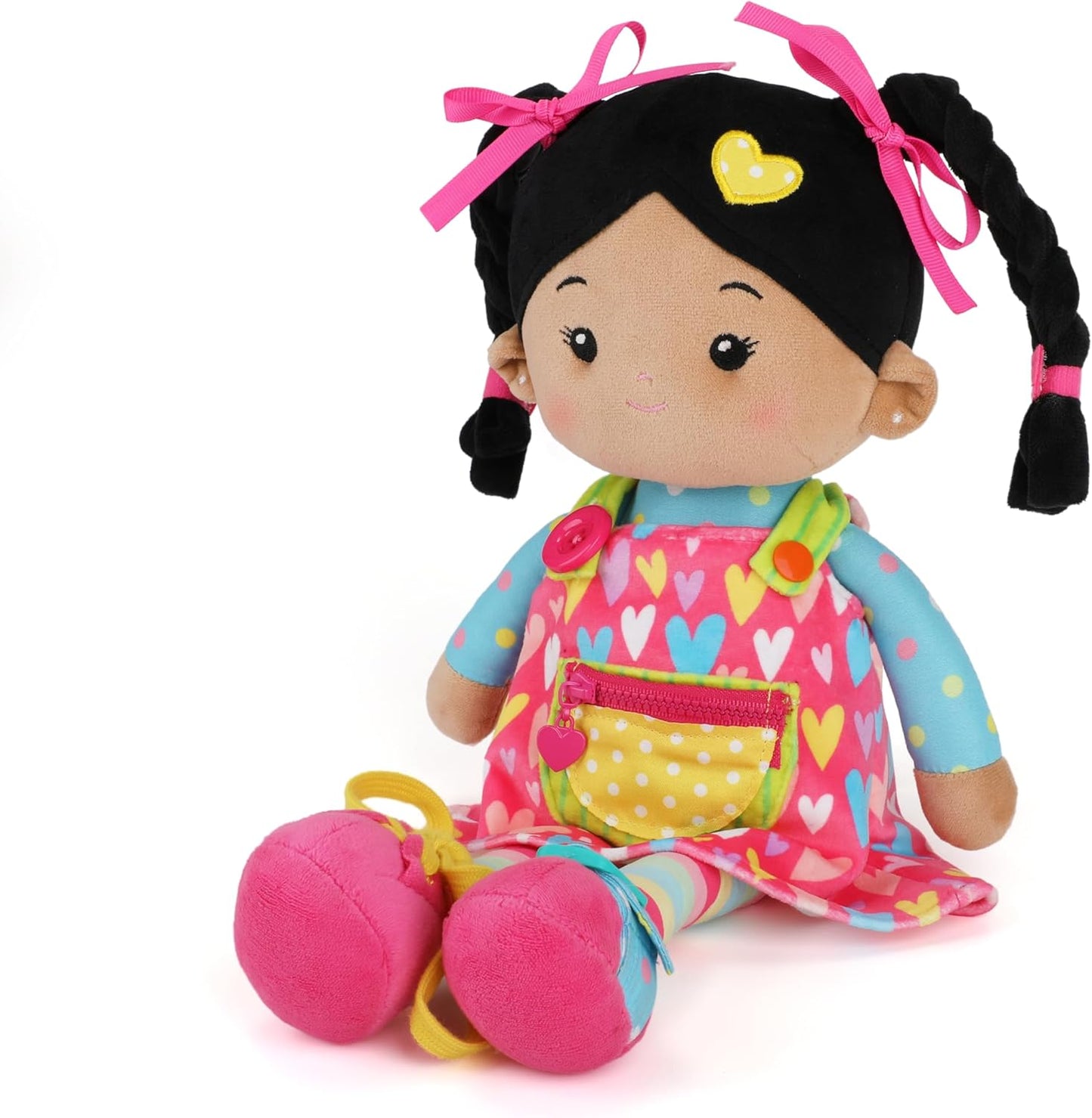 LeyaDoll Soft Bady Educational Soft Baby Doll(16''), Learning Sensory Doll for Toddlers, Montessori Toys for 2-Year-Old Girls Christmas, Birthday Gifts, Plush Doll with Button-Busy Cupcake-Girl