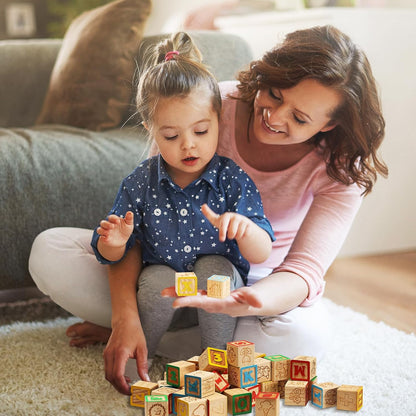 SainSmart Jr. Wooden Alphabet Blocks 1.73 Inch, 30Pcs Building Blocks Including Letters, Numbers and Animals, Montessori Wooden Blocks for Preschool Toddlers